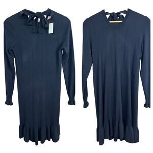 NWT LOFT Womens XSP Navy Wool‎ Tie Neck Sweater Dress Coquette Preppy Holiday